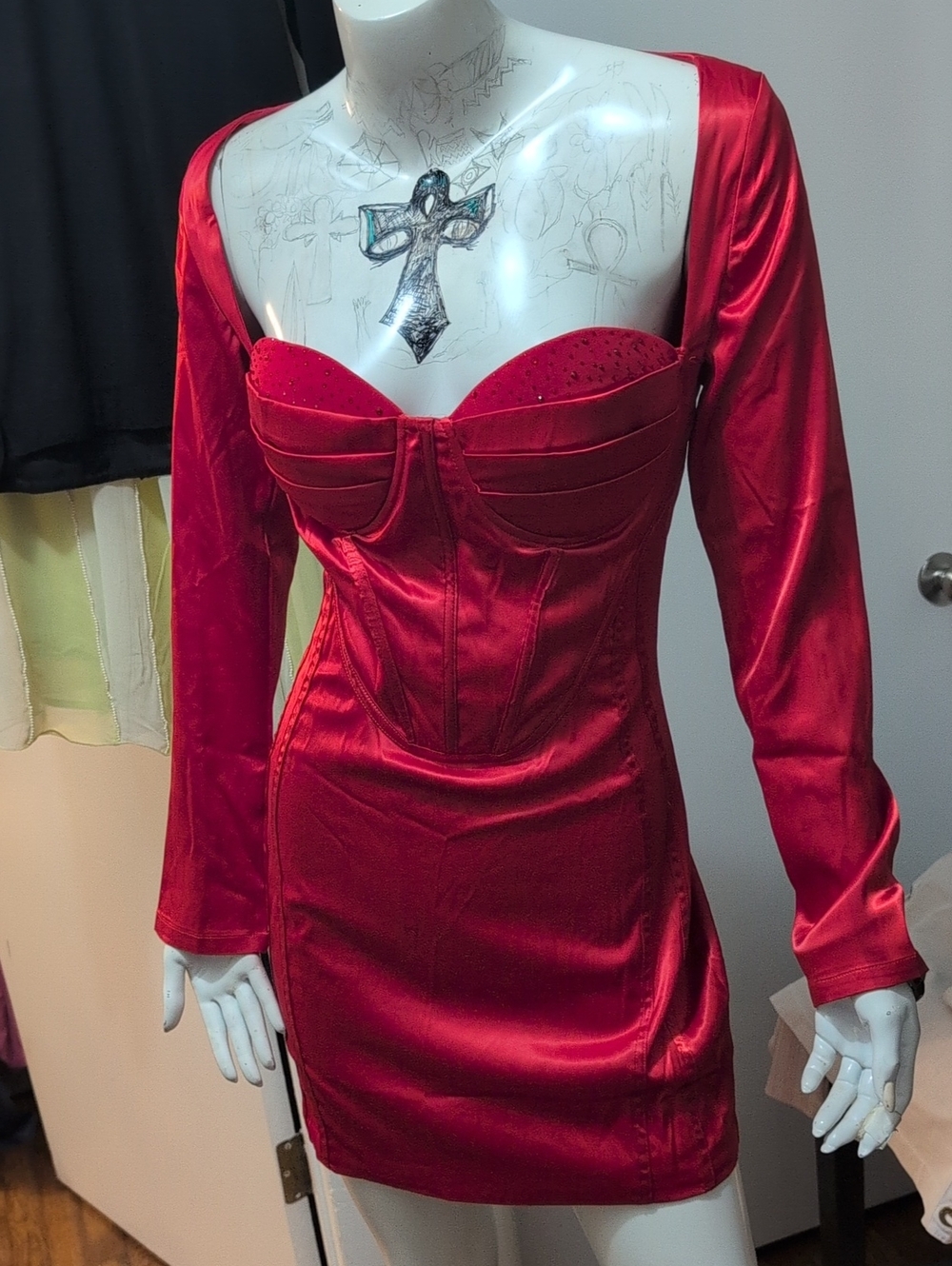 Red Satin Long-Sleeve Bustier Mini Dress by